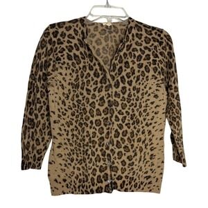 J. Crew Brown Leopard Print Light Weight 100% Wool -Cardigan Size Small Soft Gir